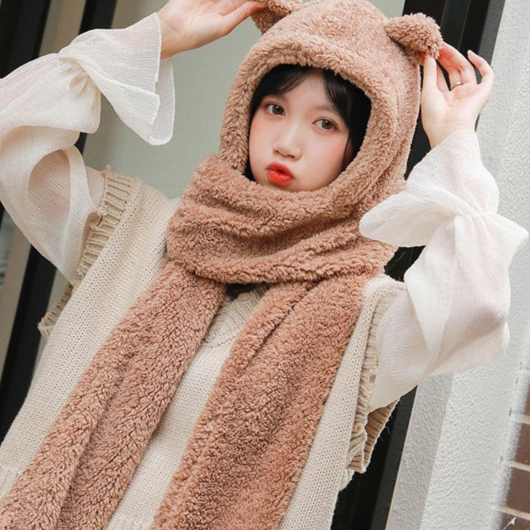 양털 뽀글이 털 곰돌이 모자 목도리 후드머플러 2color 귀여운 후드 곰목도리 - 상품 이미지