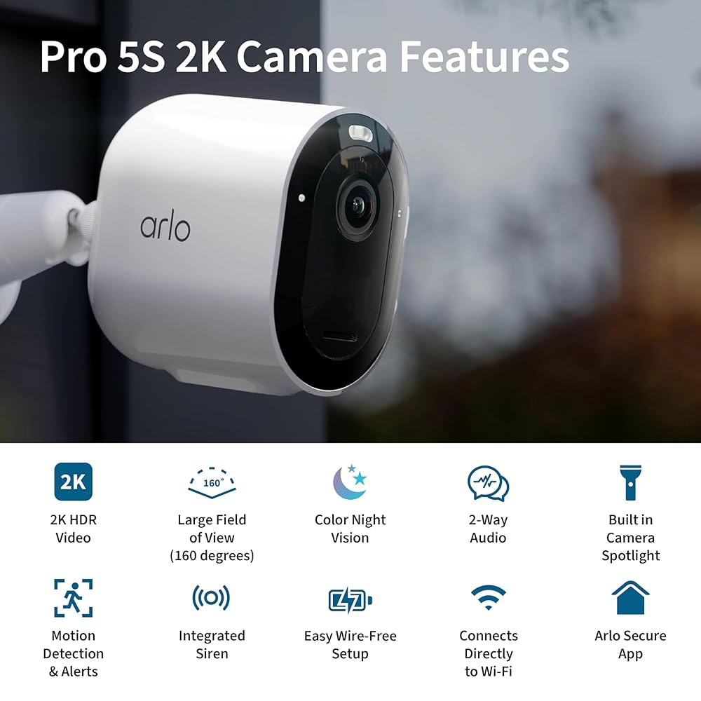Arlo Pro 5S 스포트라이트 보안 줌, 연결 듀얼 2K 비전, 실외 오디오, 라이브 Wi-Fi 강력한 2개) 카메라 무선 밴드 컬러 가장 네트워크에 양방향 HDR 나이트 스트 - 상세 이미지 2