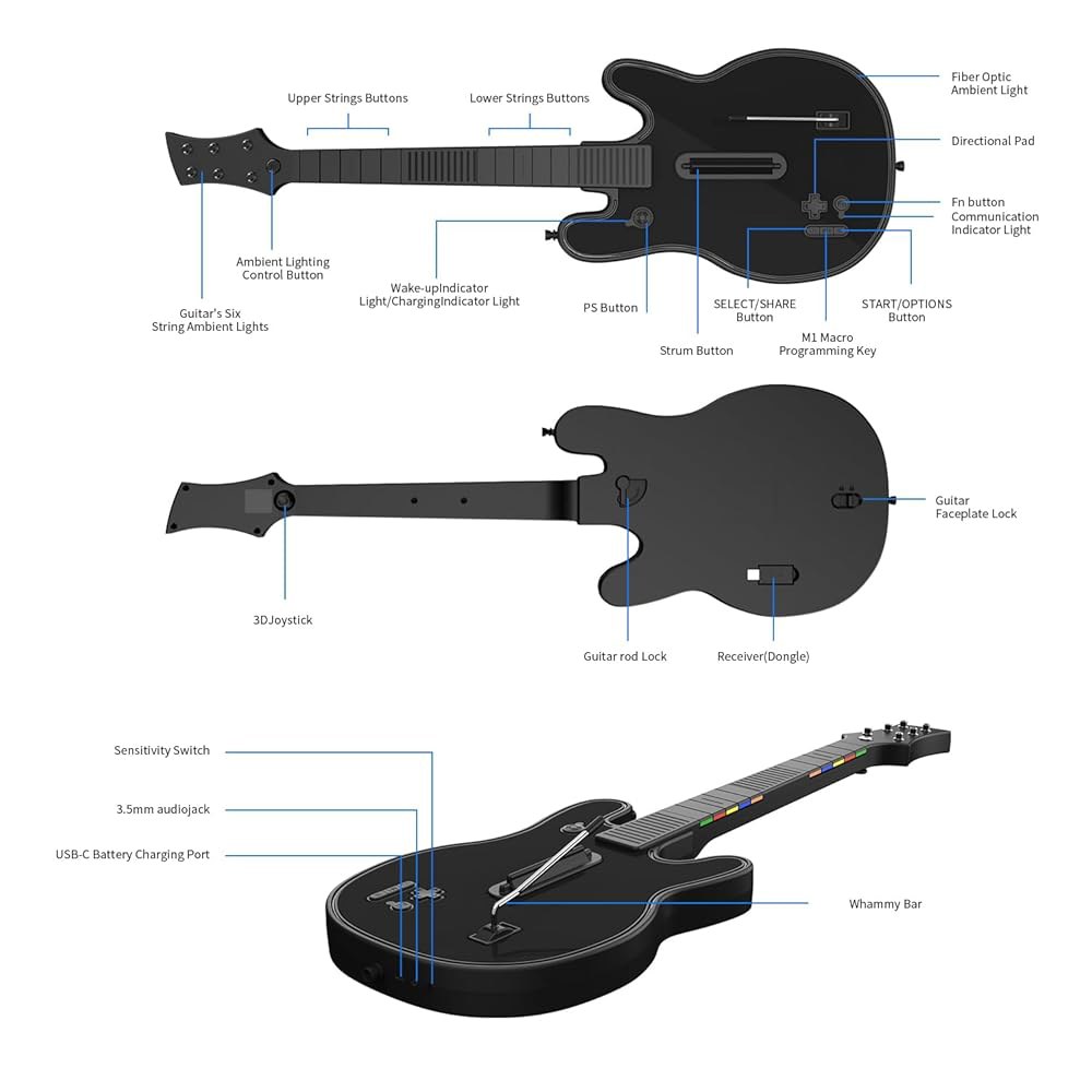 JJDWIN Wireless Guitar Hero Controller PS4/PS3/PC Band Clone with RGB for Light, Rock Strap & Festiv - 상세 이미지 2