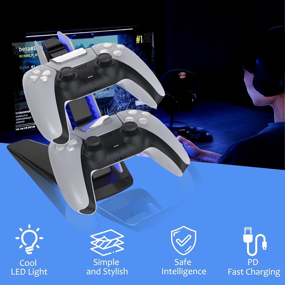 블루 LED 조명이 있는 PS5 도크, 스테이션 포트, 케이블이 컴팩트하고 컨트롤러용 디자인 고속 매끄러운 - 충전 충전기 스탠드 듀얼 - 상세 이미지 3
