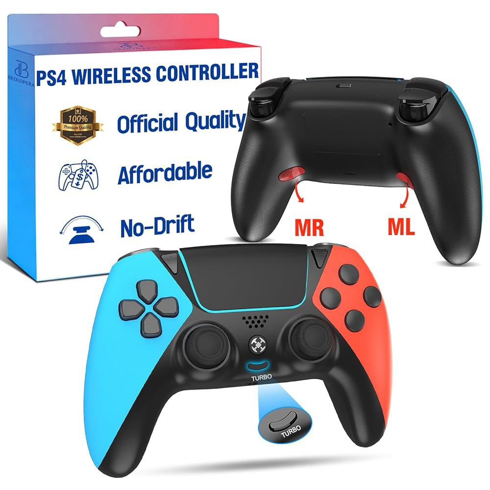BELOPERA Control for PS4 Controller,Wireless Pro Red Paddles,Turbo,Blue Drift with 4 Remote Back PC, - 상품 이미지