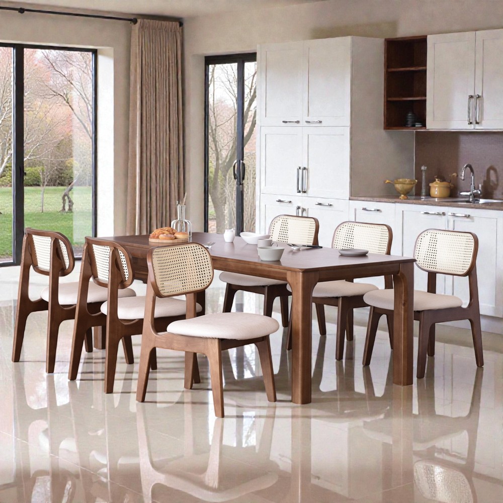 이즈네이처 낮은식탁 원목 6인용식탁 4인용식탁 세트 식탁+의자6, 1900mm, A타입(스퀘어 의자), 월넛브라운