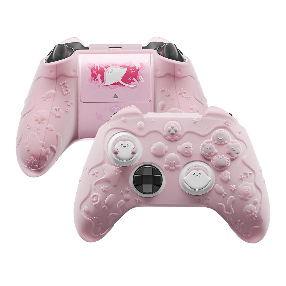 PlayVital Xbox 시리즈 X/S 컨트롤러 위스퍼 그립, 엄지 핑크 실리콘 세미 코어 및 완벽한 스킨 보호 오션 클리어 스티커, 귀여운 컨트롤러용, 피치 그립 - 무선 커버 - 상품 이미지