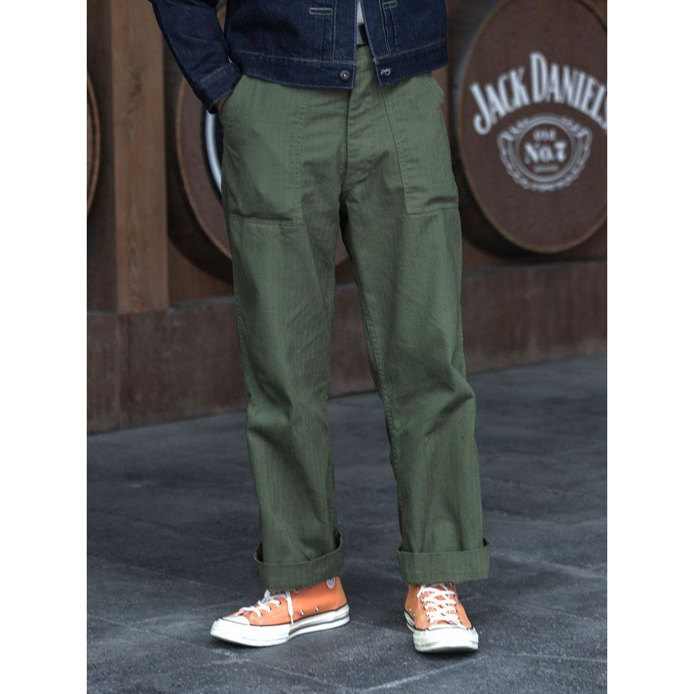 BRONSON OG-107 HBT 퍼티그 팬츠 남성 와이드핏 빈티지 워크웨어 카고 팬츠 올리브 그린 L - 상품 이미지