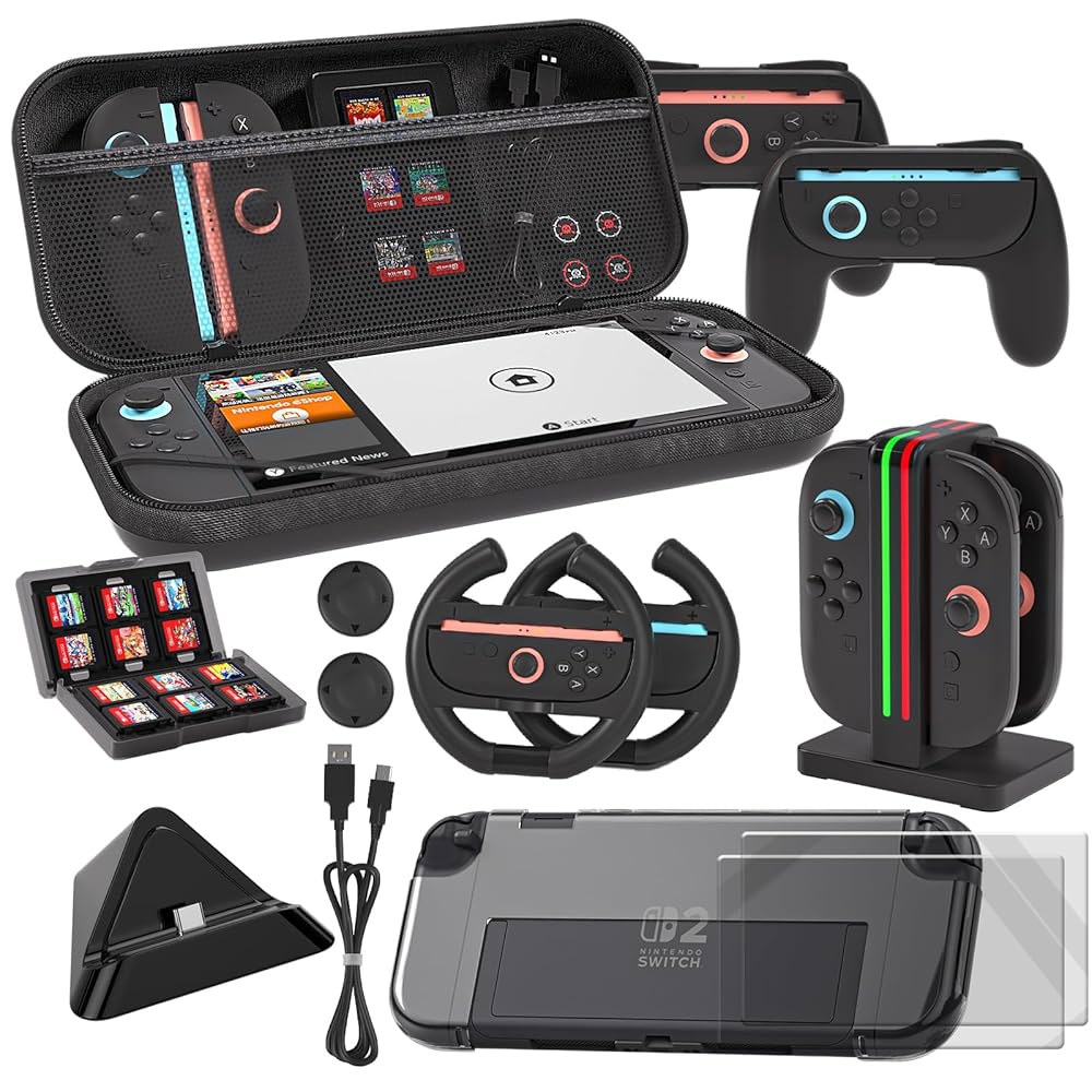 Nintendo Switch 2 Deluxe Accessories Racing Bundle Crystal Screen 1 Gift Game Charger in Card Case, - 상품 이미지