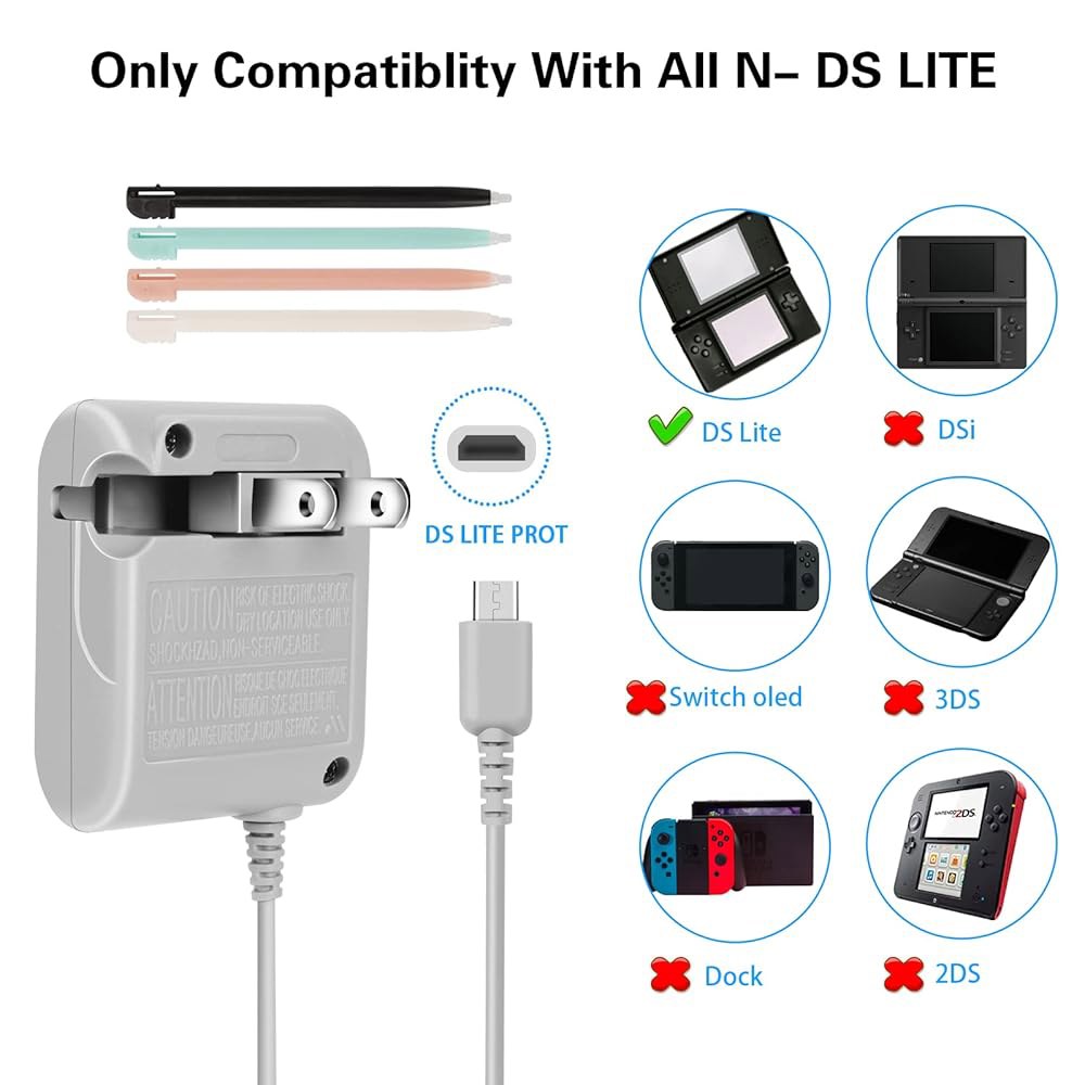 DS Lite 충전기 키트, 닌텐도 벽 라이트 포함 4개 스타일러스 펜 100-240V 어댑터와 호환, 플러그 라이트용 - 상세 이미지 2
