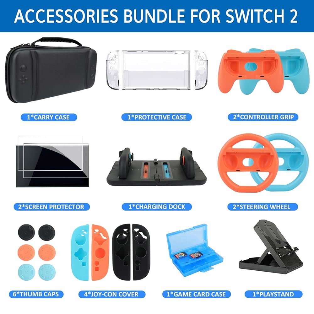Switch 2 Accessories Bundle for Protective Grips Game Carrying Steering 23-in-1 Joycon, 2, Protector - 상세 이미지 2