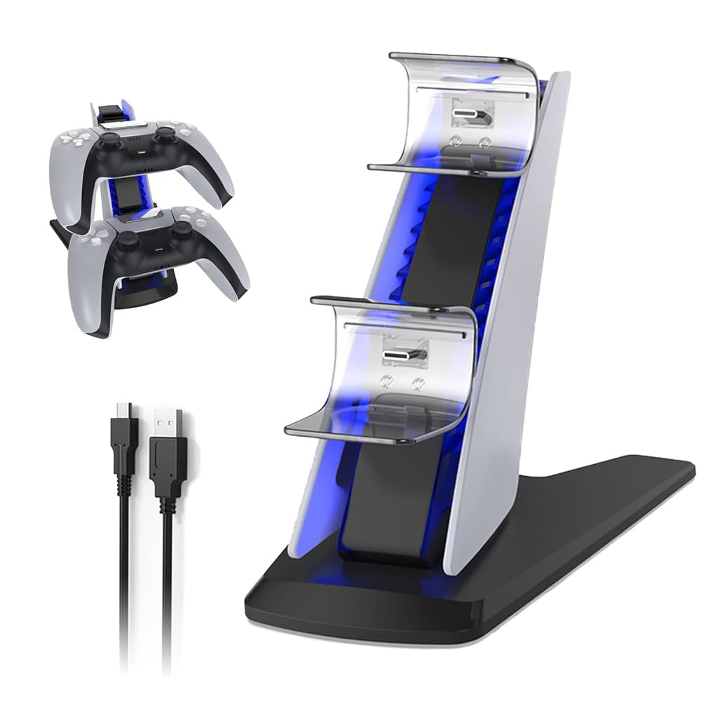 블루 LED 조명이 있는 PS5 도크, 스테이션 포트, 케이블이 컴팩트하고 컨트롤러용 디자인 고속 매끄러운 - 충전 충전기 스탠드 듀얼 - 상품 이미지