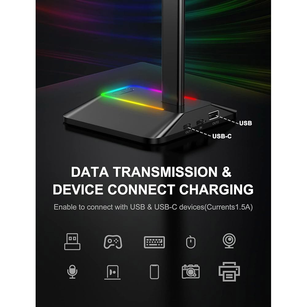 New bee RGB 헤드폰 스탠드, USB 포트 모드 게이밍 조명 액세서리용 7가지 (블랙) USB-C 책상 1개와 모든 헤드셋 1개, 충전 이어폰 Black - 상세 이미지 3