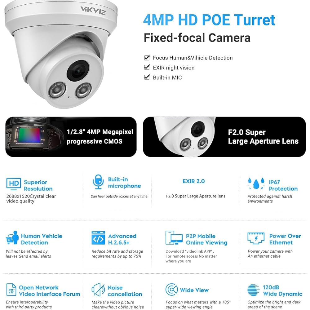 VIKVIZ 4MP PoE IP 카메라 있는 스마트 NDAA 실외, BlueIris, 렌즈 시야, 감지, 준수 IR 마이크/오디오가 야간 29.9m(98피트) 네트워크 보안 IP6 - 상세 이미지 2
