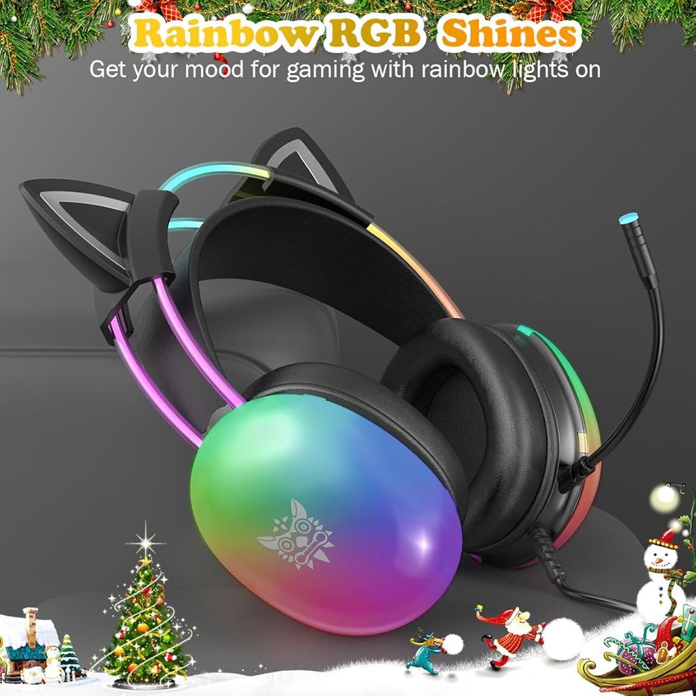 ONITOON 고양이 귀 게이밍 헤드셋, 헤드밴드 RGB 오버이어 조절 가능한 사운드, PC/PS4/PS5/스위치/노트북용 서라운드 3.5mm 가볍고 포함, 헤드폰, 조명, 무지개 - 상세 이미지 3