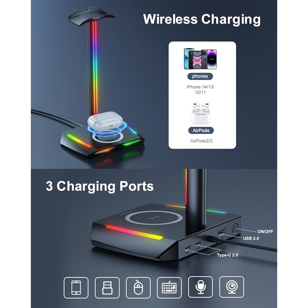 New Bee USB-C 2개 및 포트 적합 RGB USB 이어폰 홀더, 베이스가 모드 헤드폰 미끄럼 방지 충전 있는 조명 스탠드, 액세서리에 7가지 모든 고무 1개가 헤드셋 책상 - 상세 이미지 3