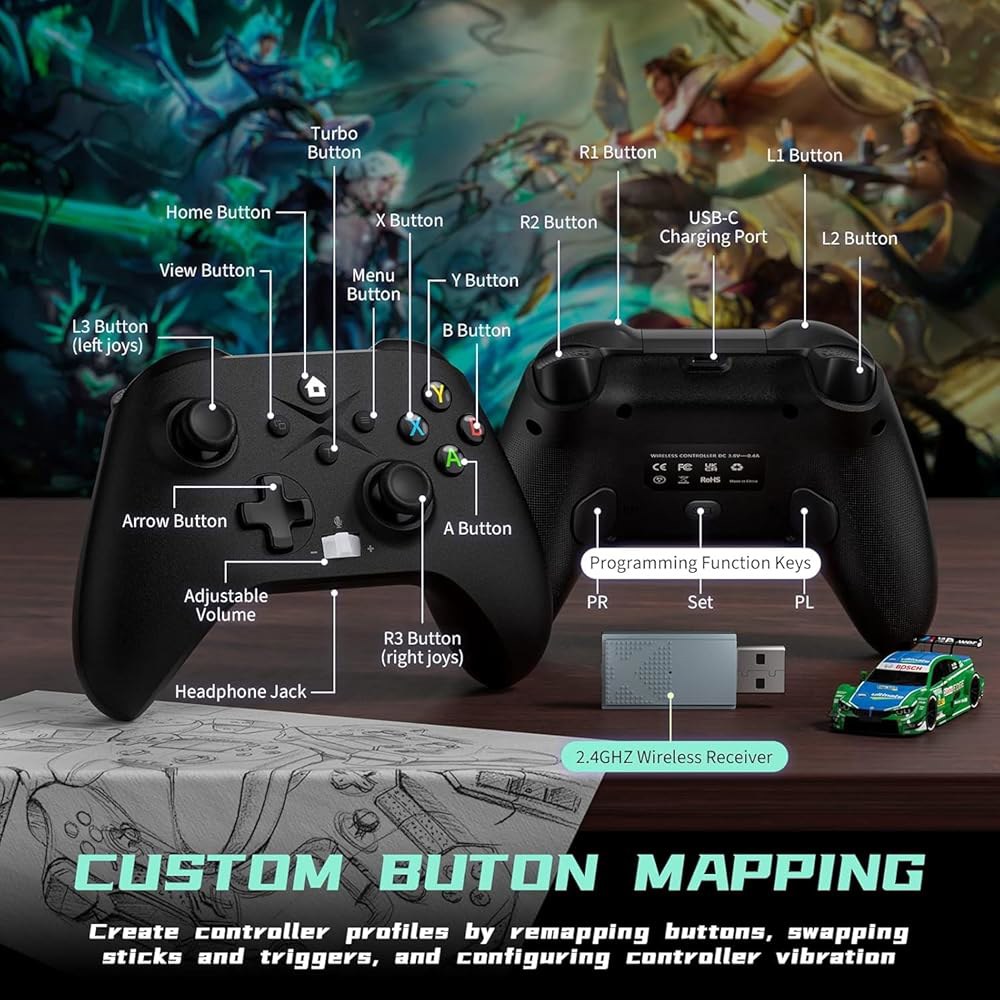 Nonbliep Xbox 컨트롤러용, One X/S/Xbox 오디오 시리즈 업그레이드 컨트롤러와 어댑터 진동/3.5mm 필요 터보/매크로/듀얼 블랙 호환, 잭 무선 2.4GHz - 상세 이미지 3