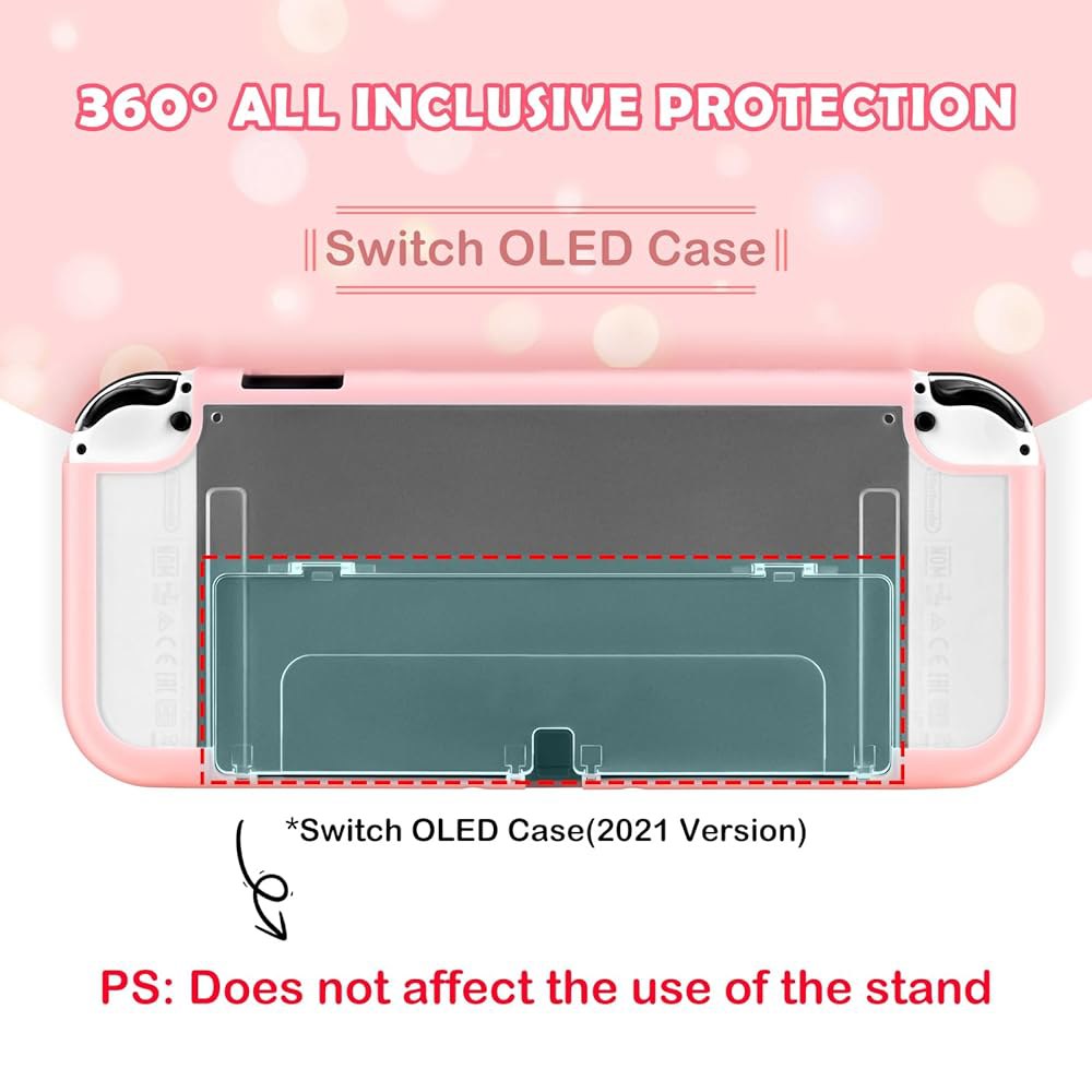 DLseego 스위치 OLED 콘솔 2021용 하드 커버 케이스 그립 PC 보호 컨트롤러, - 흡수 핑크 쉘, 엄지 충격 긁힘 컨트롤러용 포함 미끄럼 2개 캡 방지 조이콘 Pink - 상세 이미지 3