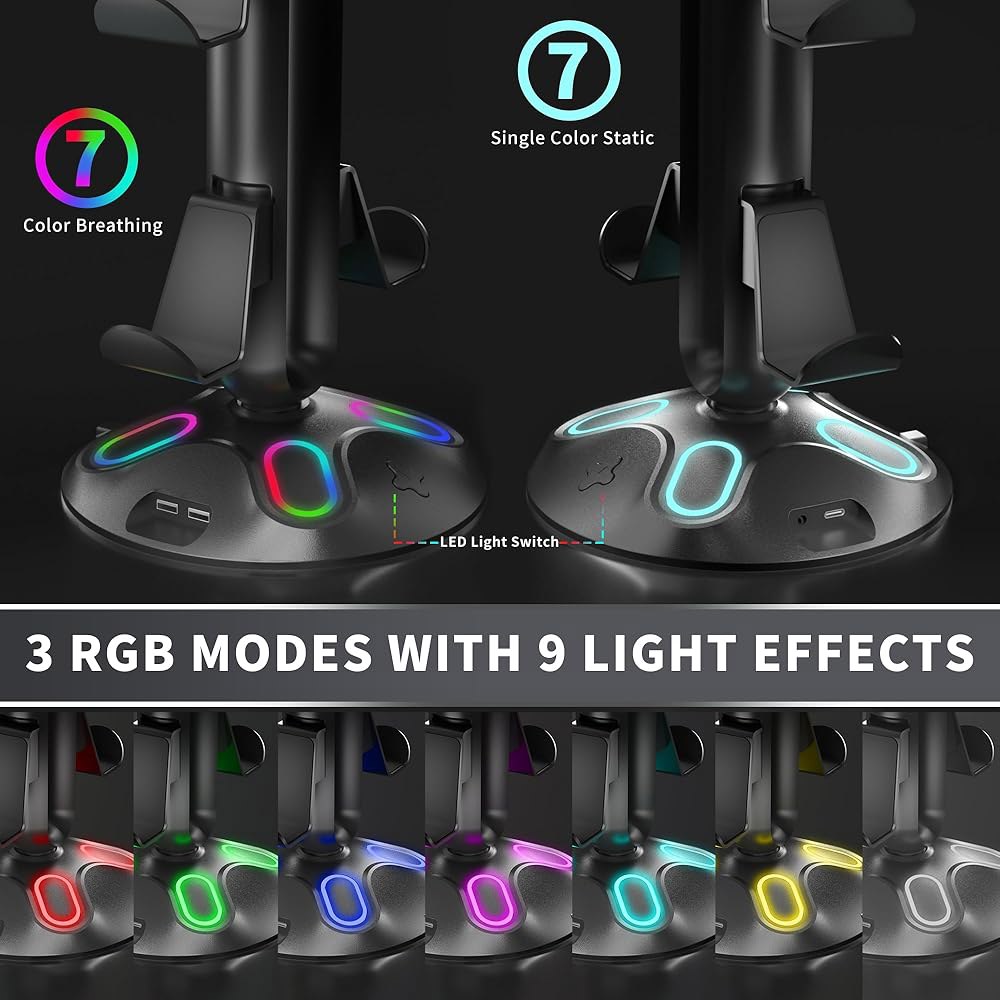 Canmarin Gaming RGB Headphone Stand, A Accessories Hanger Holder 2 Type-C & Desk Charging USB Light - 상세 이미지 3