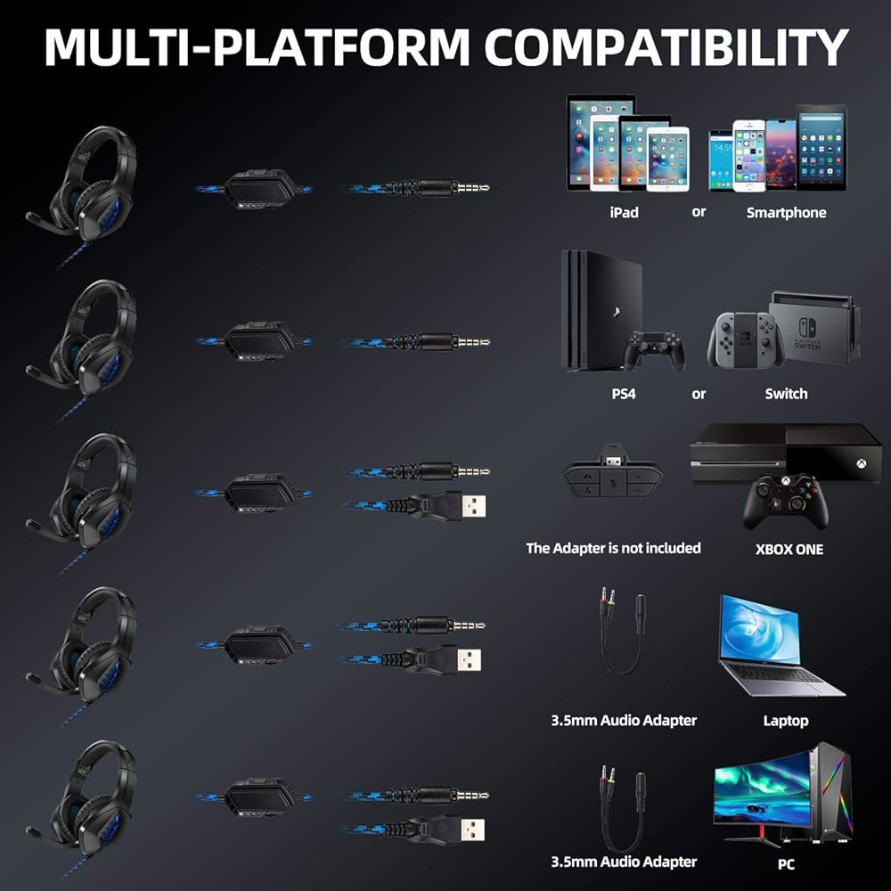 TYUOBOX PS4, Xbox One, PC용 헤드셋, 마이크가 와이어, 마이크, (블루) 조명, 캔슬링 게이밍 베이스 LED 노이즈 플레이스테이션 PS3 서라운드 게임용 있는 - 상세 이미지 2