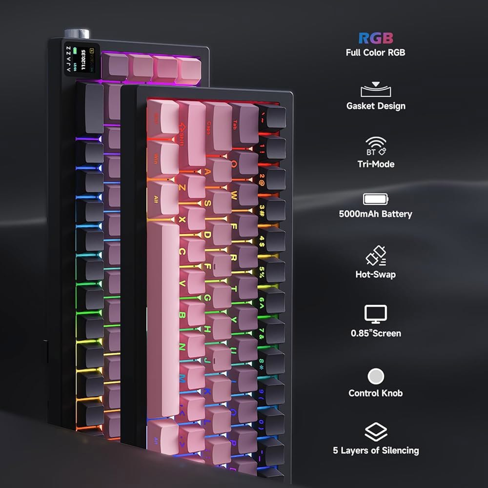AJAZZ AK650 65 레이아웃 핫 게이밍 손잡이, 컬러 디스플레이, 유선 기계식 각인 TFT 가능 무선 2.4G 핑크) 스왑 (측면 키보드, 0.8인치 - 상세 이미지 2