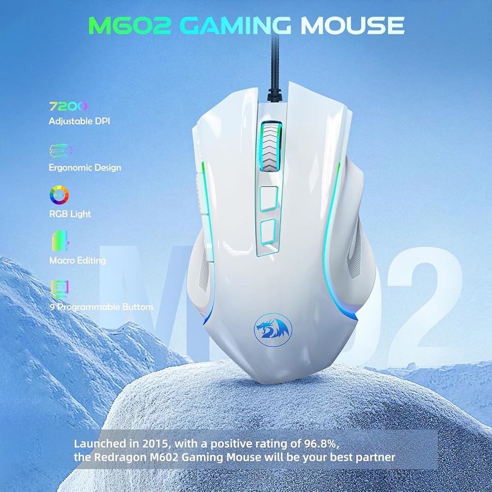 Redragon M602 게이밍 마우스, 인체 조절 DPI, RGB 사무실용 9개의 전문 버튼, 소프트웨어 프로그래밍 7200 게이머 공학적 가능한 유선 [화이트] - 상세 이미지 2