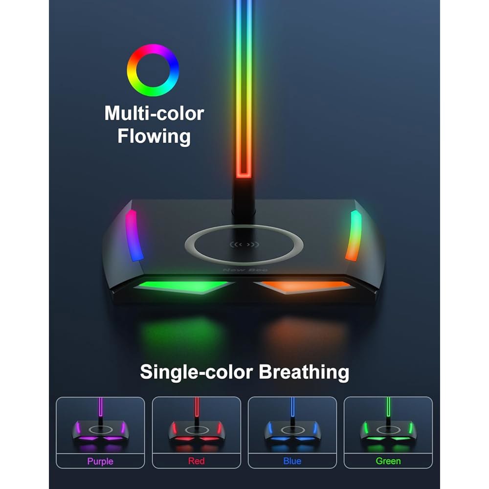 New Bee USB-C 2개 및 포트 적합 RGB USB 이어폰 홀더, 베이스가 모드 헤드폰 미끄럼 방지 충전 있는 조명 스탠드, 액세서리에 7가지 모든 고무 1개가 헤드셋 책상 - 상세 이미지 2