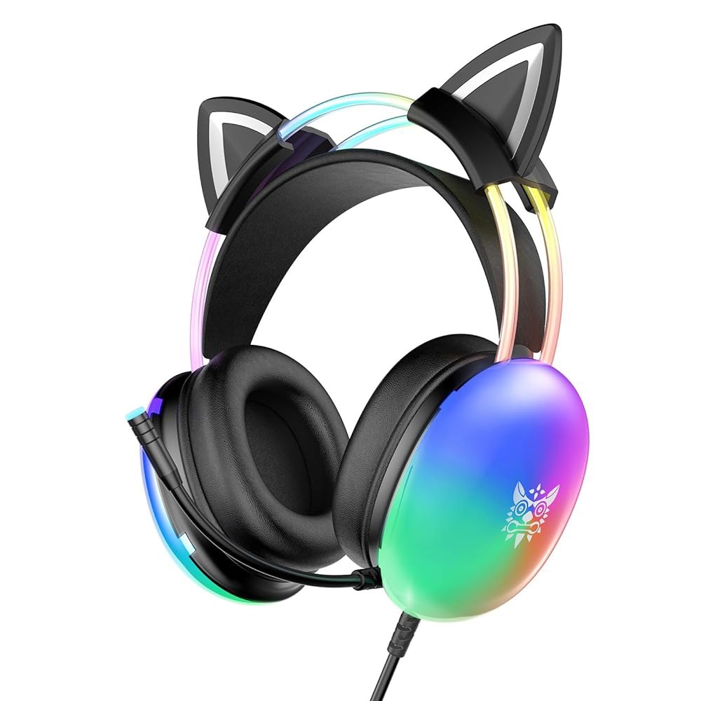 ONITOON 고양이 귀 게이밍 헤드셋, 헤드밴드 RGB 오버이어 조절 가능한 사운드, PC/PS4/PS5/스위치/노트북용 서라운드 3.5mm 가볍고 포함, 헤드폰, 조명, 무지개 - 상품 이미지