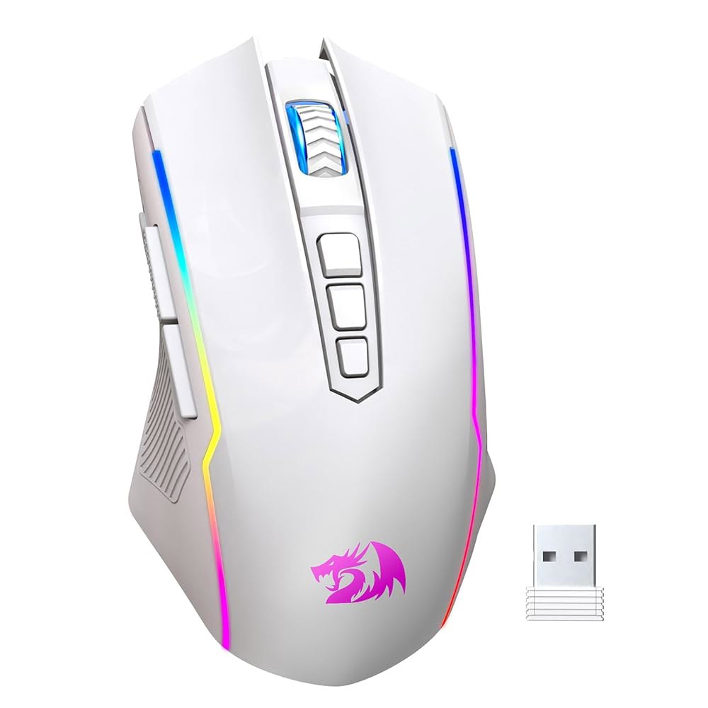 Redragon 무선 게이밍 마우스, 트라이모드 화이트 2.4G/USB-C/블루투스 완전 가능, 백라이트, 프로그래밍 DPI, 노트북 맥용 컴퓨터 PC 12000 충전식 마우스 - 상품 이미지