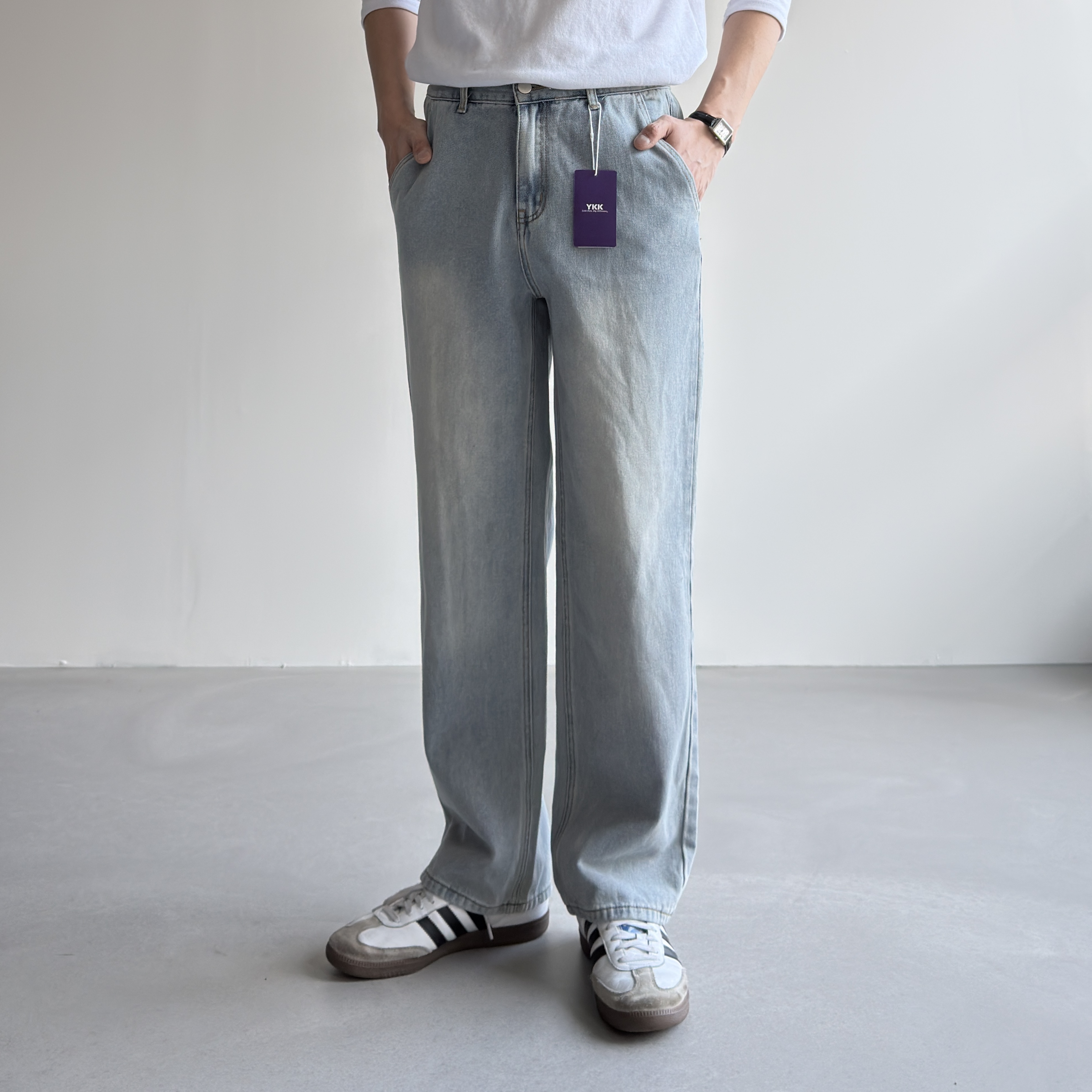 편안한 뒷밴딩 세미와이드 데님팬츠 남자와이드청바지 남자밴딩청바지 연청, S - 상품 이미지
