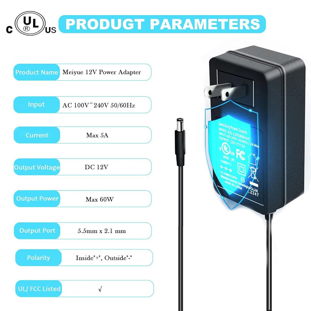 Meiyue 12V 5A 전원 공급 스피커 카메라 x 포함 12볼트 60W UL 변압기, 커넥터 DC 어댑터, 조명 CCTV용 장치 AC/DC 5.5 LED 100V-240V 스트 - 상세 이미지 2