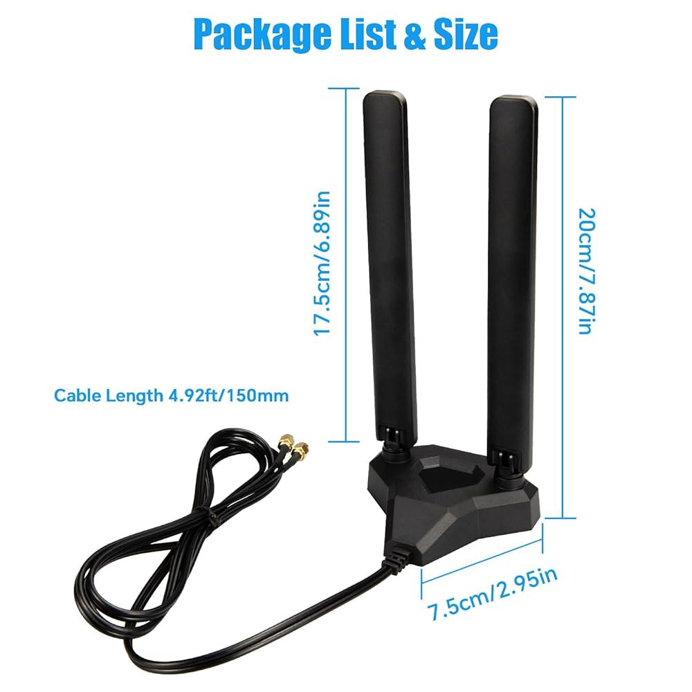 Boobrie Tri-Band WiFi 안테나, 마그네틱 케이블 베이스 컴퓨터 향상 데스크탑 PC 보안 PCIe 6E/7 카메라 블루투스 2.4GHz/5GHz/6Ghz/7GHz - 상세 이미지 2