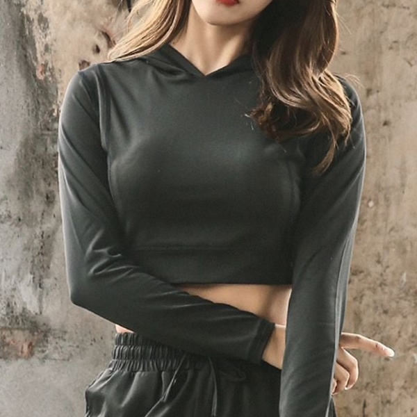 슬림핏 여성 크롭 후드 티 루즈핏 여성 기능성 티셔츠 헬스 - 상품 이미지