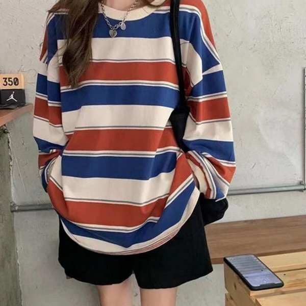 루즈핏 여성 스트라이프 티셔츠 데일리 여성 오버핏 긴 팔 박시핏 - 상품 이미지
