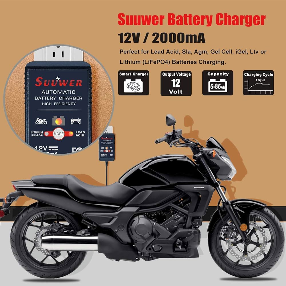 수치워 2Amp 12V 스마트 배터리 충전기 - 납산 및 리튬(LiFePO4) 배터리용 완전 자동 트리클 유지 관리기 - 상세 이미지 2