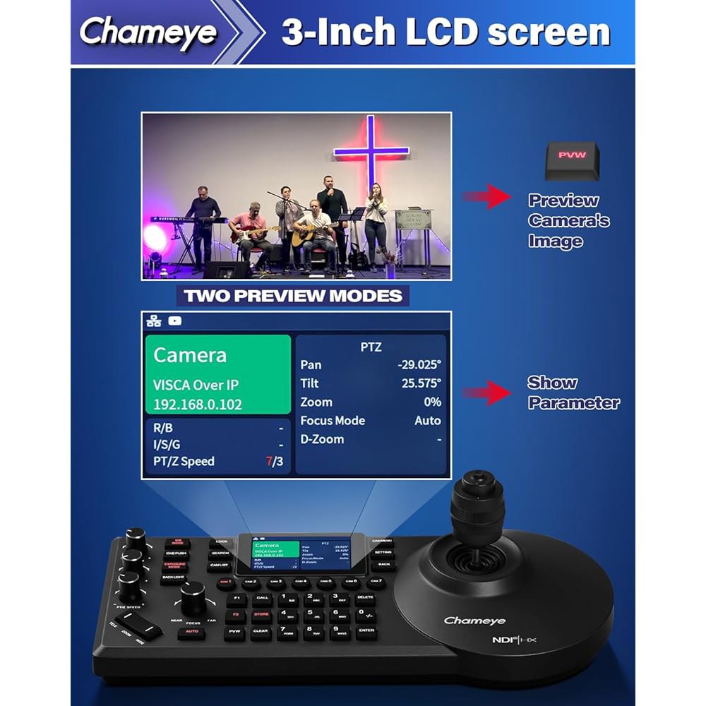 Chameye NDI PTZ 카메라 컨트롤러 교회 컨트롤, PoE 키보드, 라이브 LCD 예배 블랙 미리보기, 4D 네트워크 IP E300 조이스틱 3인치 스트리밍용, - 상세 이미지 2