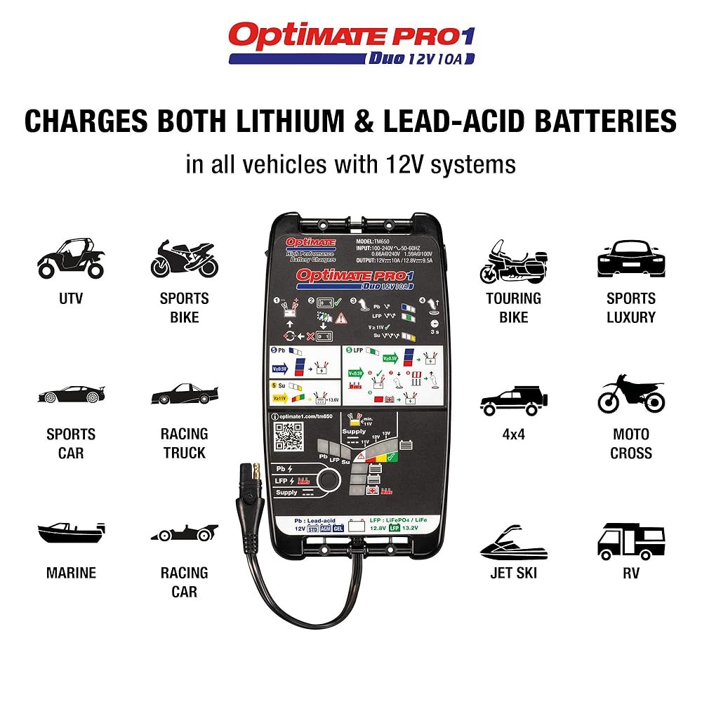 Tecmate OptiMate PRO-1 DUO 11단계 12V / 12.8V 고성능 배터리 절약 충전기, 테스터 및 유지보수기, 블랙 - 상세 이미지 2