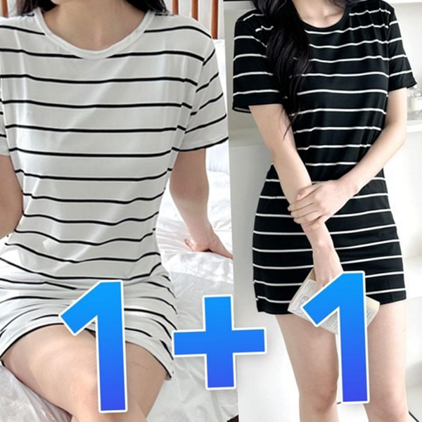 캐주얼 여성 줄무늬 원피스 라운드 여자 반팔 원피스 스트라이프 여름 - 상품 이미지