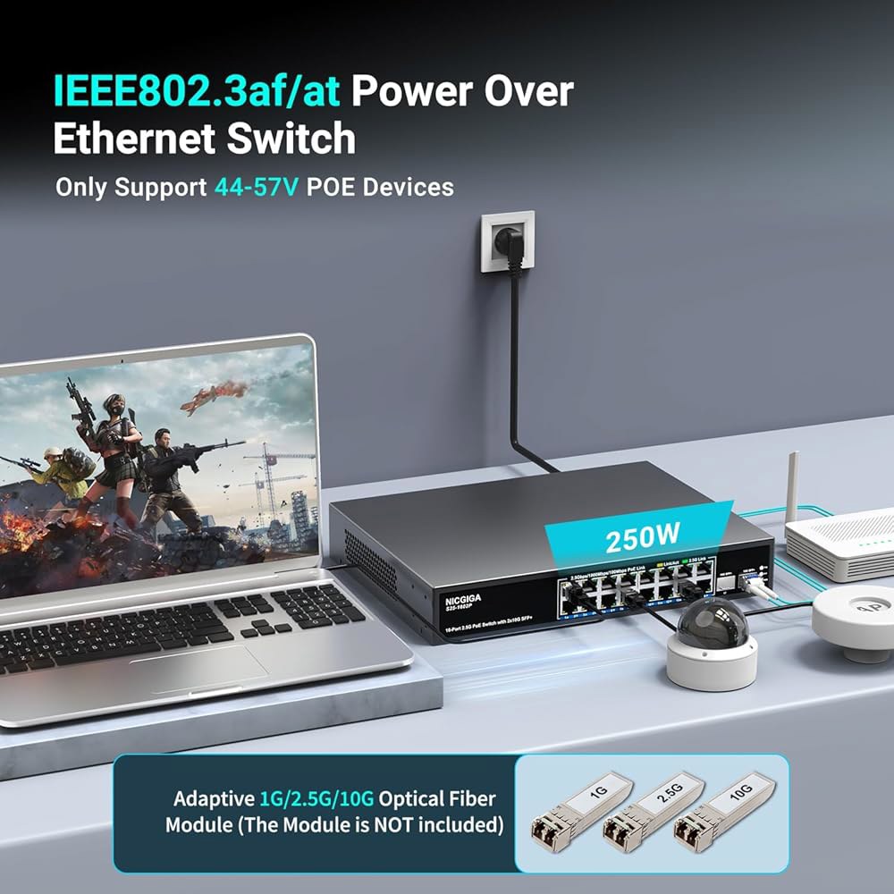16 포트 2.5G PoE 스위치 NAS, 2.5Gbe Power PoE+@250W 스위치, AP, Over Base-T 카메라 IEEE802.3af/at 4K 2.5Gb NICG - 상세 이미지 3