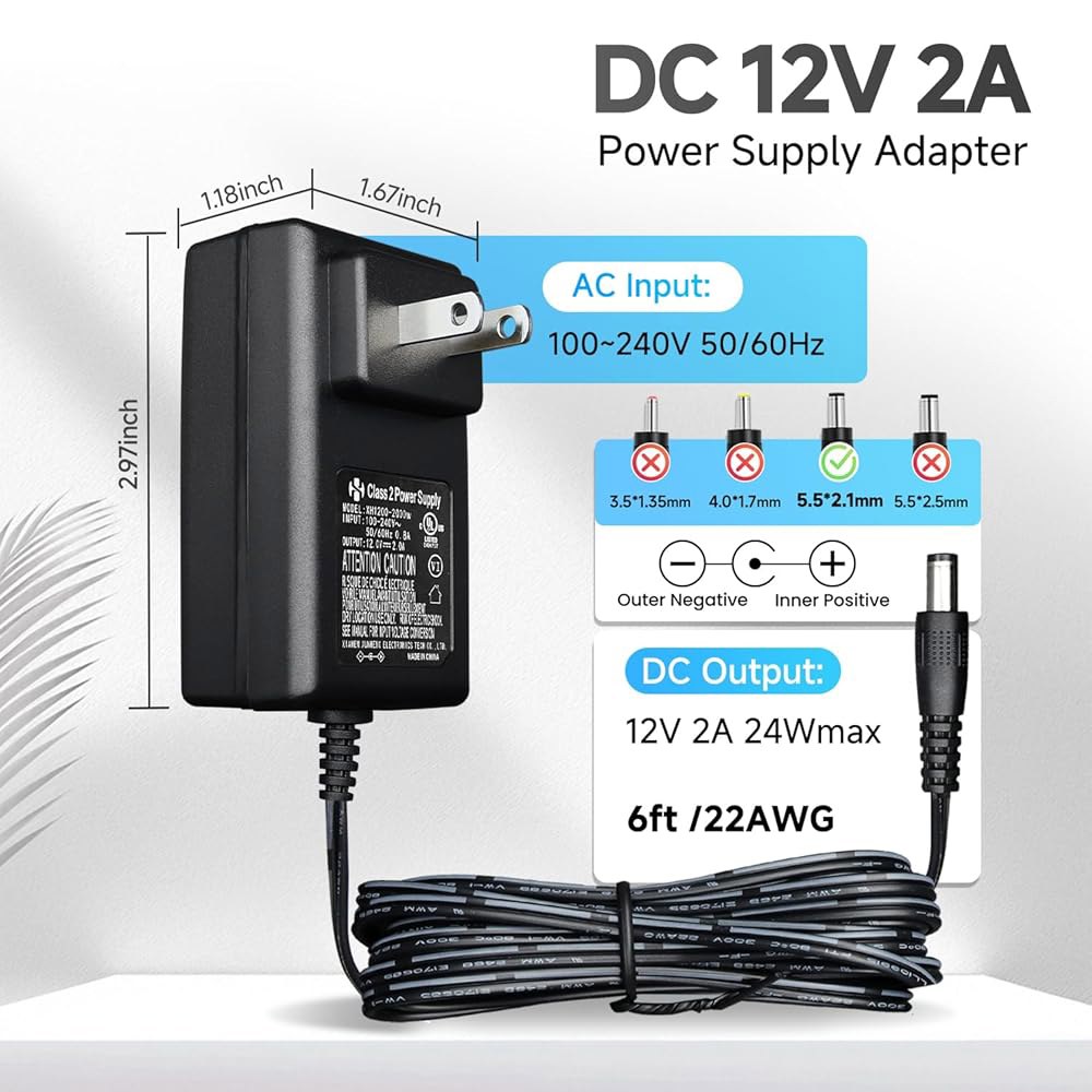 Anlink 2팩 12V 2A 1.8m(6피트) 2.1mm 어댑터, CCTV 웹캠 to 2000mA DC x AC 1500mA 포함, 라이트 1000mA 5.5 카메라 BT LED - 상세 이미지 3
