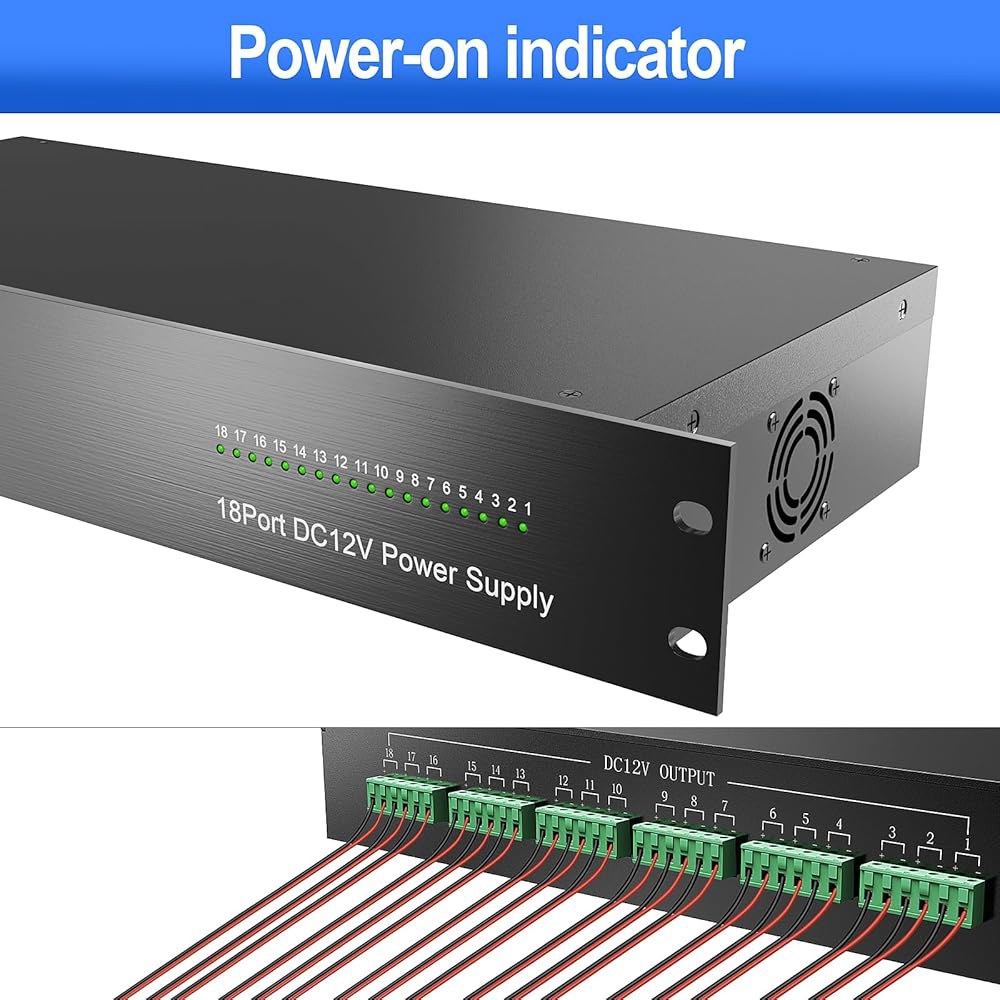 ENS 18채널 랙 장착 가능한 박스, PTC 재설정 DC 및 1.5U 장치 필터링 20A, 공급 서지 감시 조절 DVR/NVR 18CH, 보안 - 퓨즈 보호 출력, 전원 12V - 상세 이미지 3