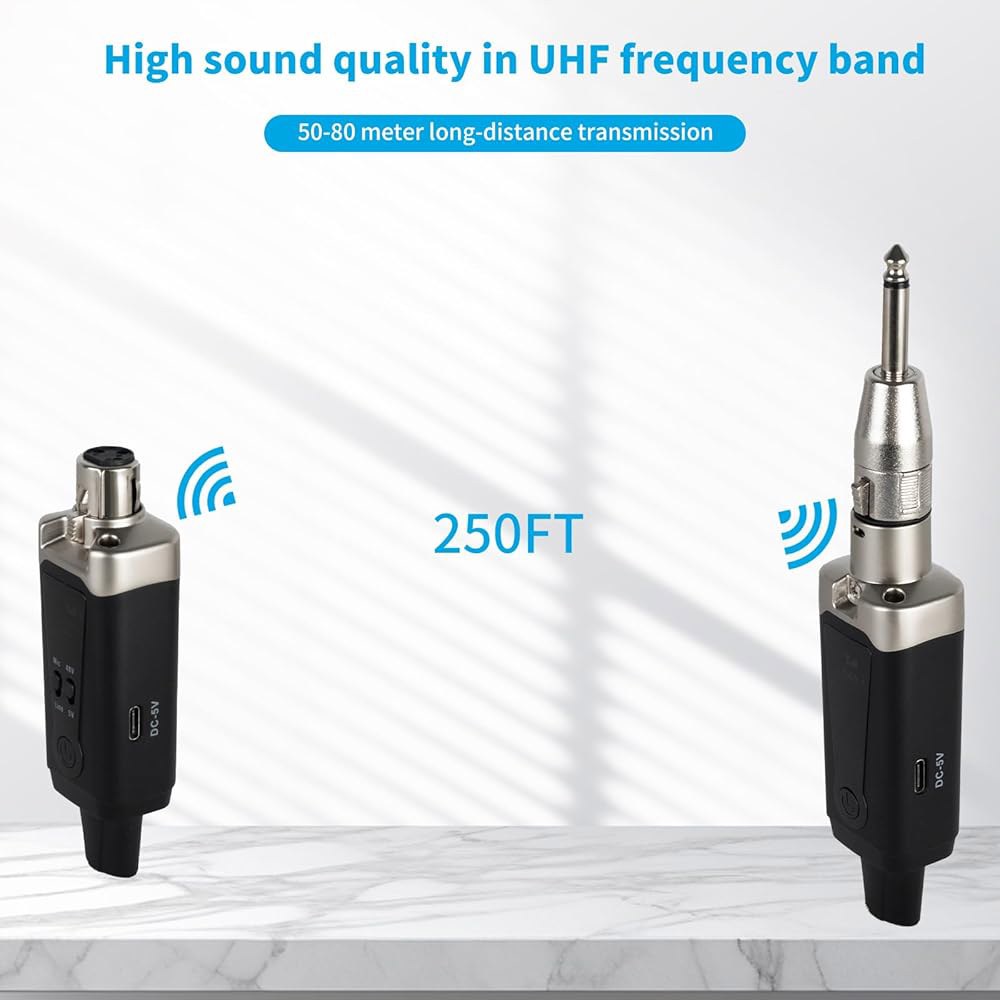 Yinker 무선 XLR 마이크 송신기 및 수신기 시스템, 16채널, 250피트 범위, USB 충전식, 48V 팬텀 전원을 갖춘 UHF 1-to-1 모드 기타 어댑터 - 상세 이미지 3