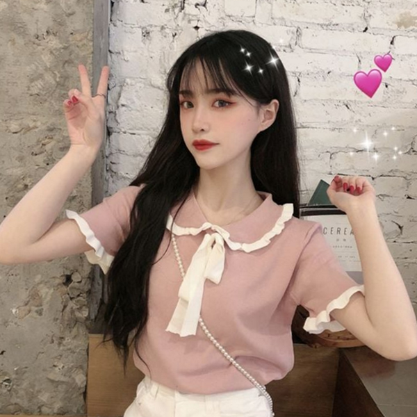 리본 여성 반팔 티셔츠 프릴 여성 카라 티셔츠 라운드 여름 - 상품 이미지