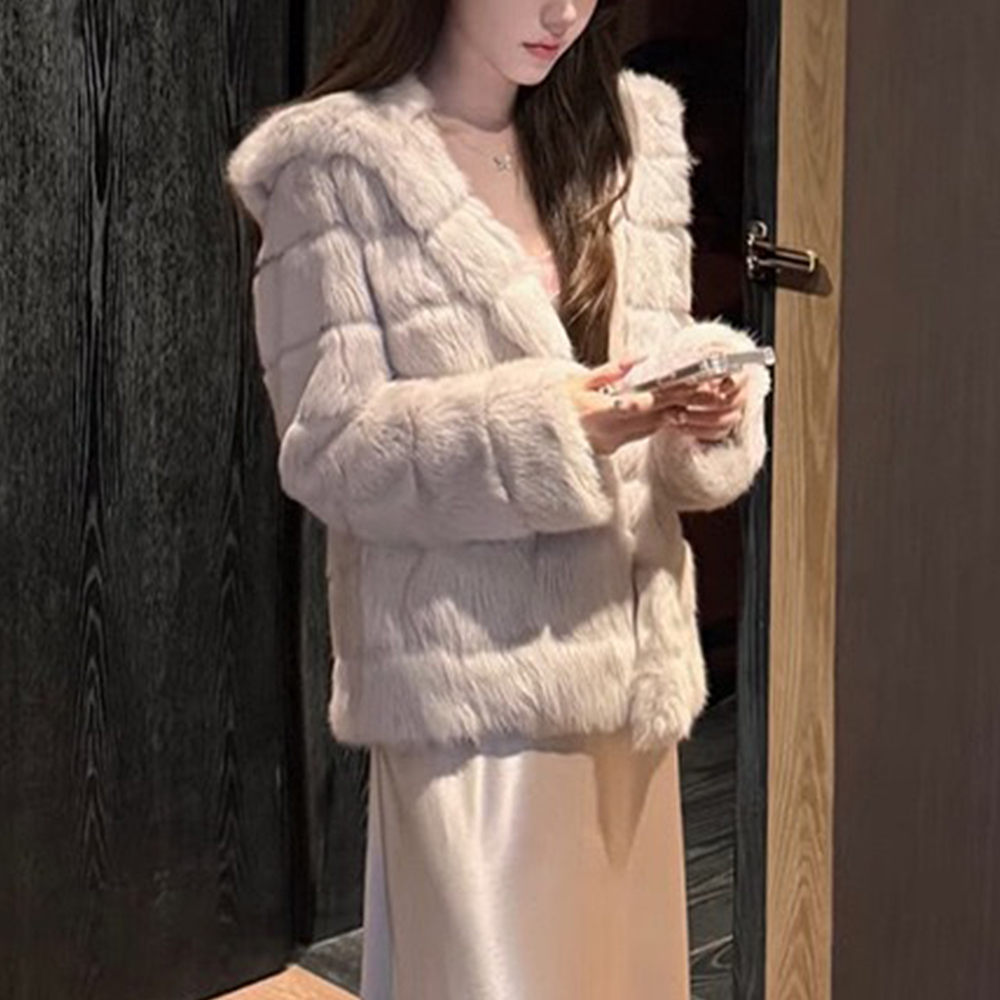 여성 천연모피 레빗퍼 후드 코트 겨울 퍼 아우터 - 상세 이미지 3