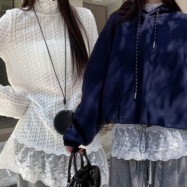 루즈핏 여성 시스루 블라우스 프릴 여성 레이스 블라우스 반목 레이어드 - 상세 이미지 2