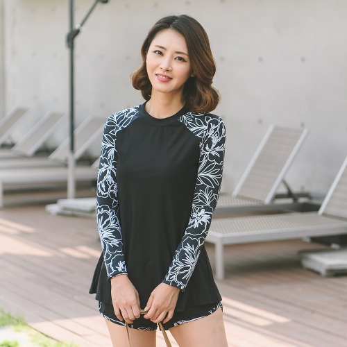 조이마담S7044 라인 플라워 래쉬가드 상의 50대60대중년여성 빅사이즈수영복 - 상품 이미지