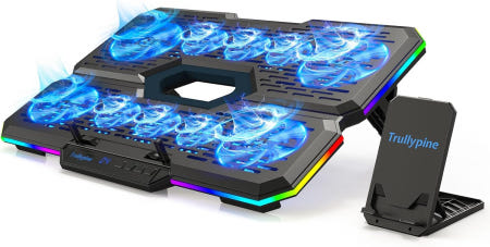 Trullypine [해외]트루리파인 노트북 쿨링 패드 10개의 조용한 팬이 있는 게이밍 쿨러 높이 조절 가능한 12-17인치 노트북용 스탠드 RGB 조명 2개의 USB 포트 및 휴대폰