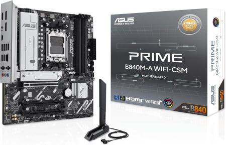 ASUS [해외]ASUS Prime B840M-A WiFi-CSM AMD AM5 B840 mATX 마더보드 고급 AI 준비 DDR5 PCIe 4.0 3xM.2 슬롯 Wi-Fi 6E 2.5G