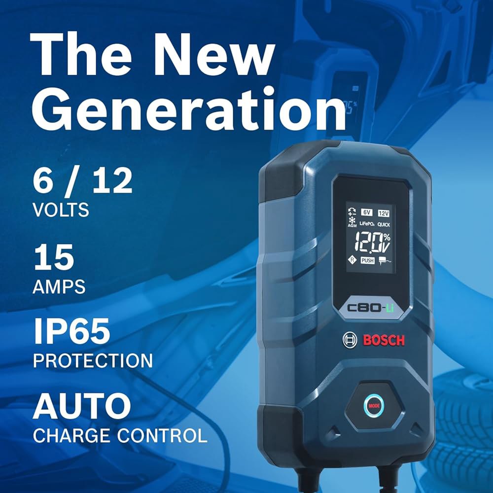 Bosch C80-Li 15A 6V / 12V 차세대 배터리 충전기 u2013 고유의 20A 고속 모드 및 스마트 유지보수, 트리클 기능 고급 안전 납축 리튬 배터리, AGM, - 상세 이미지 3