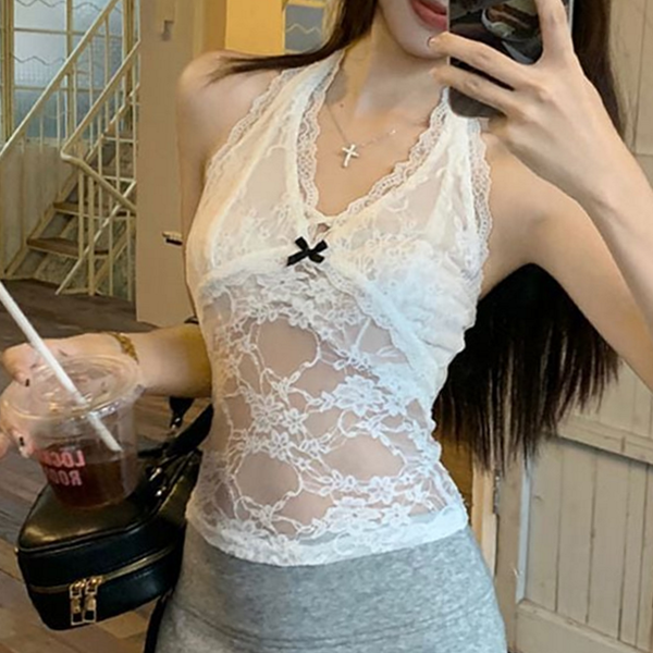 레이스 여성 홀터넥 탑 이너 여성 시스루 탑 민소매 크롭 - 상품 이미지