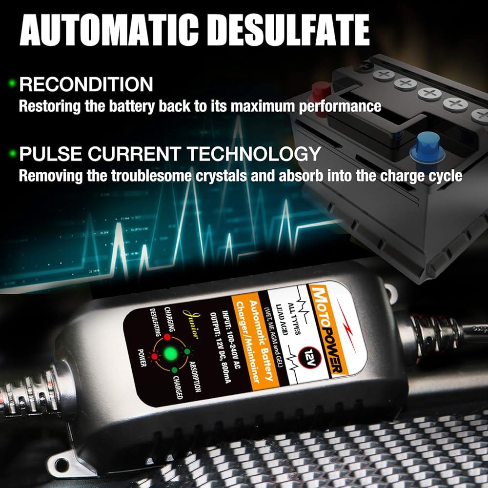모토파워 MP00205A 12V 800mA 자동 배터리 충전기, 유지보수기, 트리클 및 탈황기 Black - 상세 이미지 3