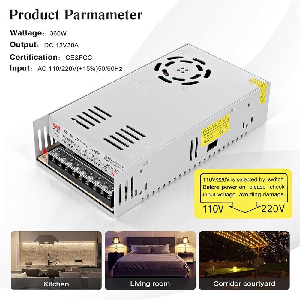 Taormey 12V 30A 360W 스위칭 CCTV 장치, LED 3D 카메라, 110V/220V DC 드라이버 - 변압기 프린터, 산업 범용 장비, 공급 전원 조절 스트립, - 상세 이미지 3