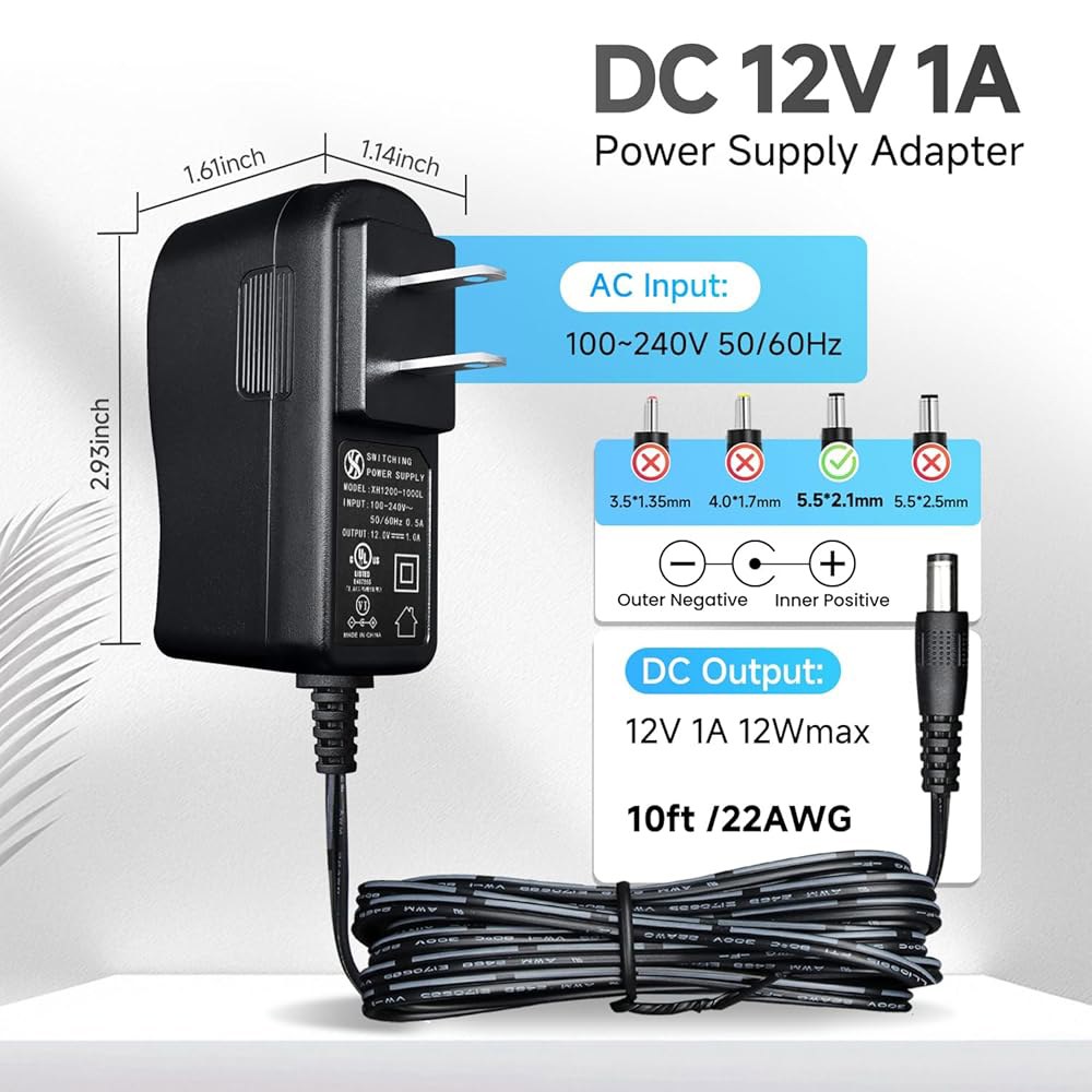 3m(10피트) 길이의 DC 12V 1A UL 키보드, CCTV AC 라우터, 12W 웹캠, 스피커, 코드 어댑터, LED 카메라 BT 조명, 등용 스트립 전원 공급 등록 10개, - 상세 이미지 3