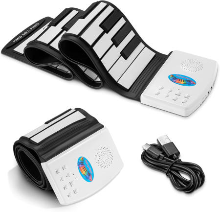 POGOLAB [해외]포고랩 49 키 롤업 키보드 피아노 휴대용 디지털 전기 접이식 충전식 47톤 14개의 교육용 데모 노래 초보자용 선물(블랙 앤 화이트) Black & White (49 ke